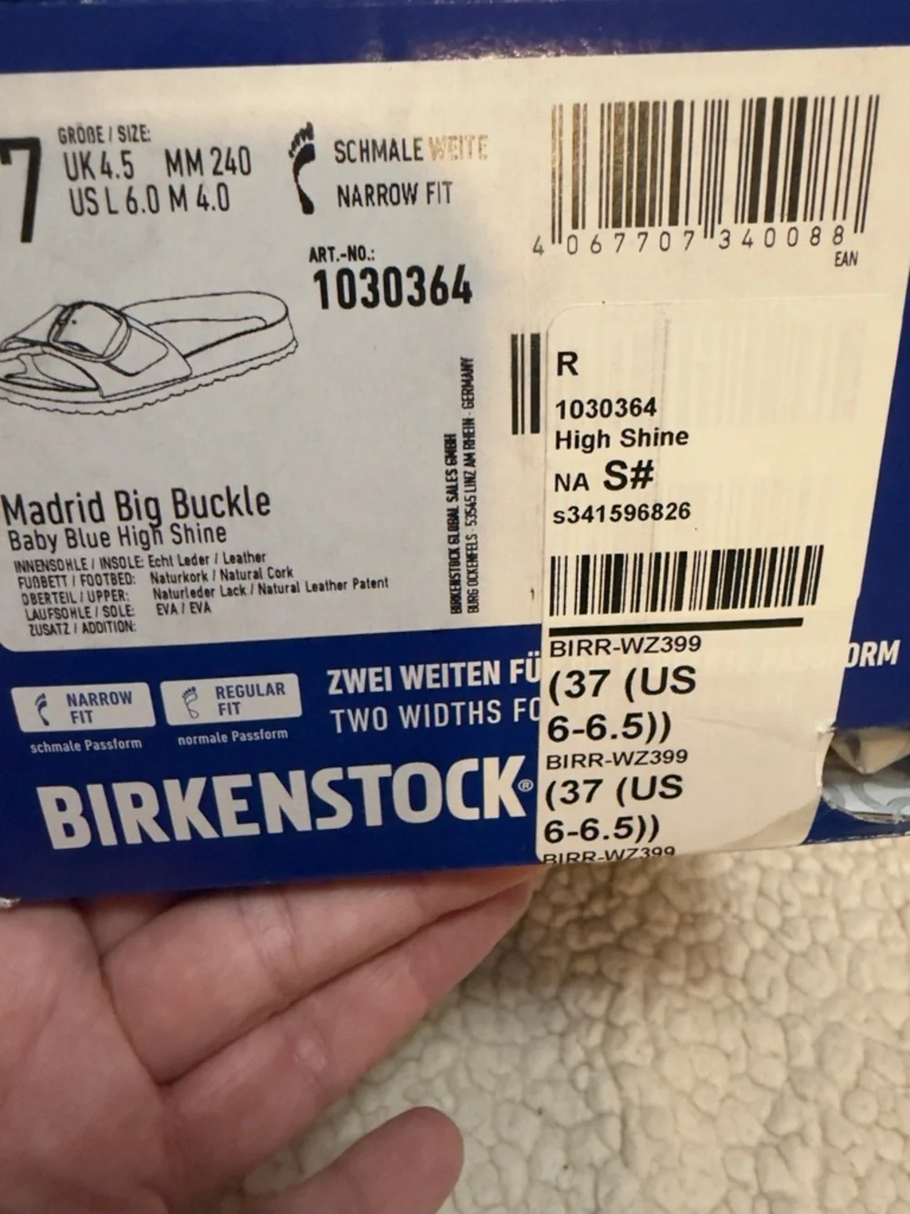 Birkenstock Madrid Big Buckle Sandal New in Box- Baby Blue High Shine size 6-6.5